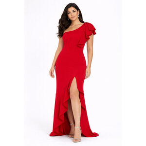 Symphony One Shoulder Ruffle Gown Formal Evening Maxi Dress Size Medium Red